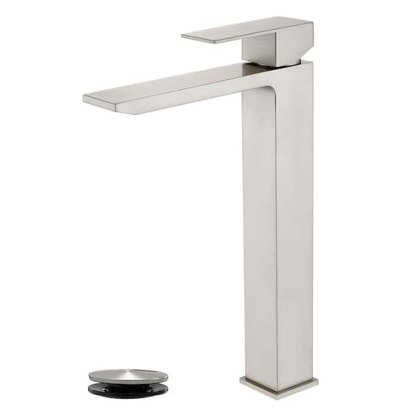 Single Handle Waterfall Vessel Sink Faucet with Pop-Up Drain in Brushed Nickel