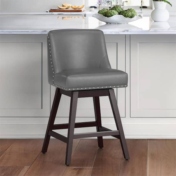 OrangeOne Hampton 26 in. Solid Wood Gray Swivel Bar Stools with Back Faux Leather Upholstered Counter Bar stool Set of 1