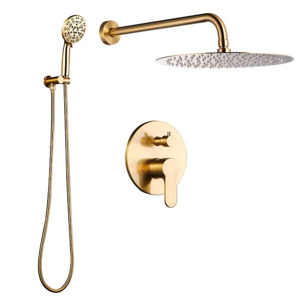 Single Handle Wall Mount 2-Spray Shower Faucet 1.8 GPM with 12 in. Round Shower Head and Adjustable Heads in Gold