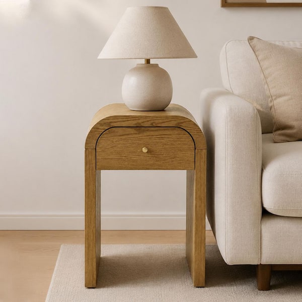 18 in. W Walnut Brown Curved Rectangle MDF Wood End Table with 1 Drawer