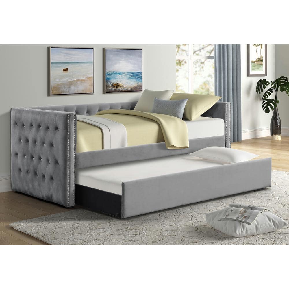 Gray Twin Upholstered Daybed with Trundle and Nailhead Trim