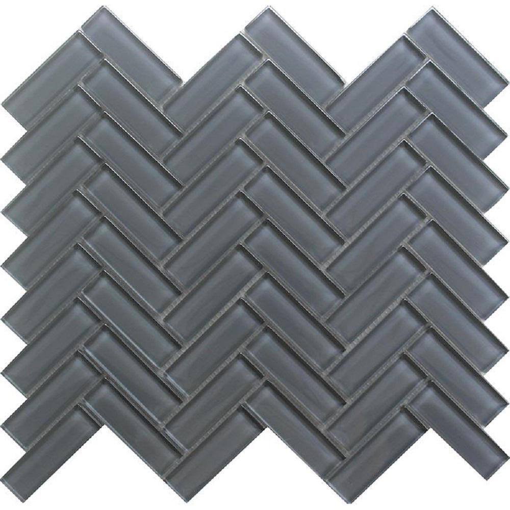 Dark Gray 11" x 12.6" Herringbone Polished Glass Mosaic Tile