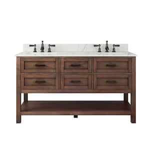 Tolbrook 60 in. Double Sink Brown Oak Bath Vanity with White Engineered Stone Top (Assembled)