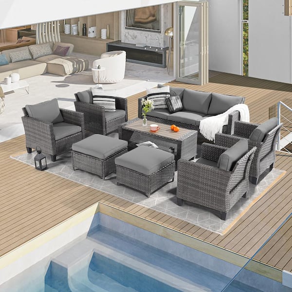 Sonkuki 8-Piece Gray Wicker Patio Sofa Set Outdoor Furniture Set with Ottomans and Coffee Table, Gray