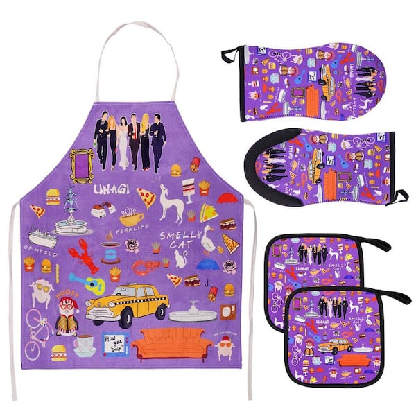 Kitchen Decor with Apron, Non-Slip Heatproof Oven Mitts and Pot Holders, Unique Cooking Accessories for Fans, Purple