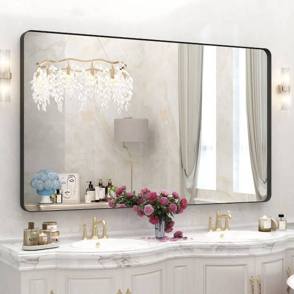 60 in. W x 36 in. H Premium Aluminum Framed Rectangular Bathroom Vanity Wall Mirror in Matte Black