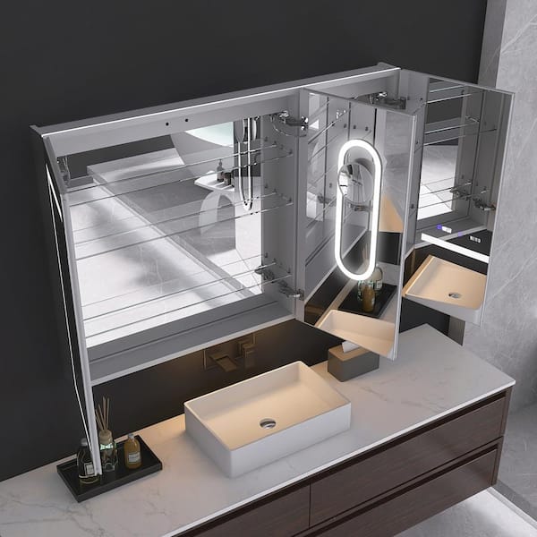 54 in. W x 36 in. H Rectangular Silver Aluminum Recessed/Surface Mount Medicine Cabinet with Mirror and LED