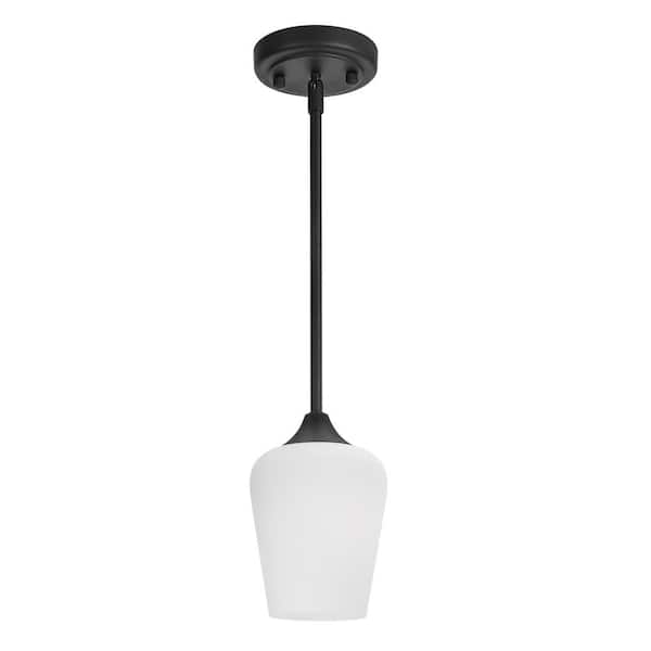 VIVOHOME 1-Light Matt Black Shaded Pendant Light with Satin Etched Cased Opal Glass Shade