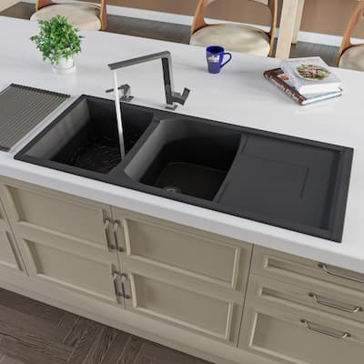 Drop-In Granite Composite 45.75 in. 50/50 Double Bowl Kitchen Sink in Black