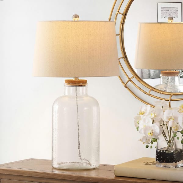 SAFAVIEH Caden 27.5 in. Clear Table Lamp with Oatmeal Shade (Set