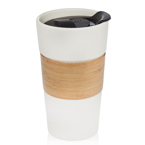 Godinger Bamboo Band 12 oz. White Mug with Lid