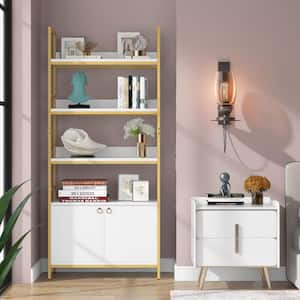 Earlimart 70.8 in. Gold White Engineered Wood 4-Shelf Standard Etagere Bookcase with Cabinet Door