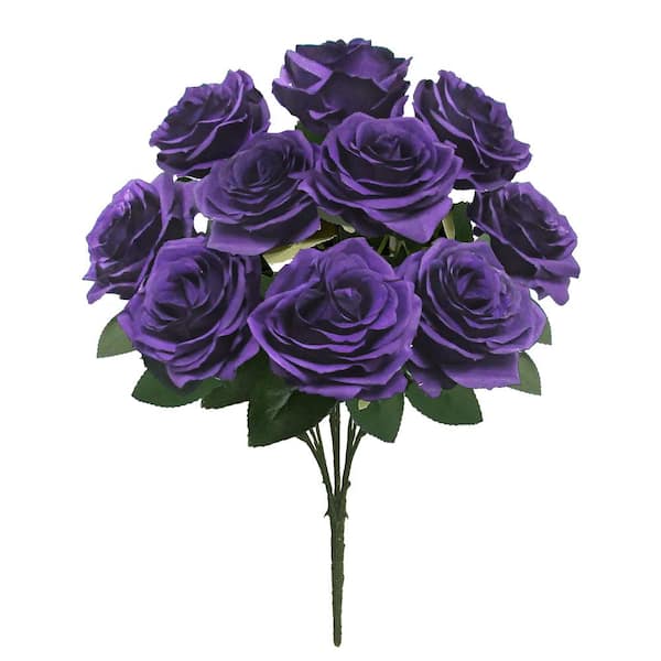 LIVING LUXURY 18 in. Dark Purple Artificial Queen Rose Flower Stem Bush Bouquet (Set of 2)