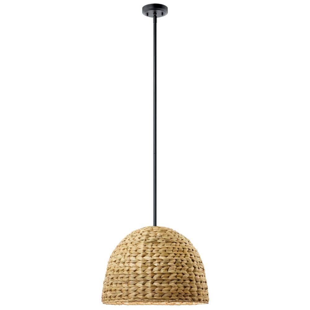 Raffiana Black and Natural Rattan Dome Pendant Light