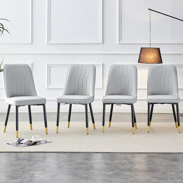 Polibi Light Gray PU Faux Leather High Back Upholstered Side Chair with Black/Gold Legs (Set of 4)