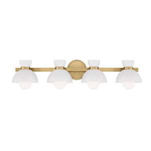 Meridian 33.50 in. 4-Light Natural Brass Vanity Light with White Metal Shades