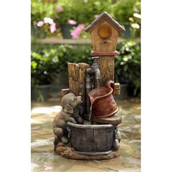 Birdhouse and Dog Waterfall Fountain