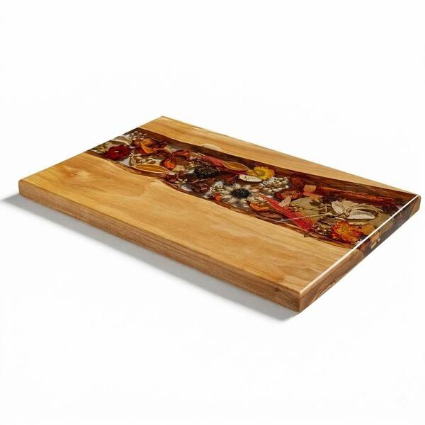 Handcrafted Olive Wood Charcuterie and Cutting Board with Crystal Floral Resin Artwork, 15 x 9.8 in.