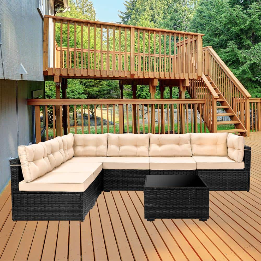 7-Piece Wicker Patio Conversation Set with Beige Cushions and Coffe Table, 