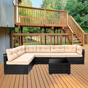 7-Piece Wicker Patio Conversation Set with Beige Cushions and Coffe Table, All-Weather Modular Outdoor Seating Sofa Set