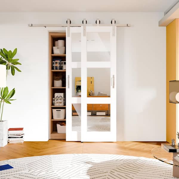 48 in. x 80 in. 3 Lite Mirrored Glass White Primed Pine Wood Barn Door Slab with Nickel-plated Bypass Hardware Kit Set