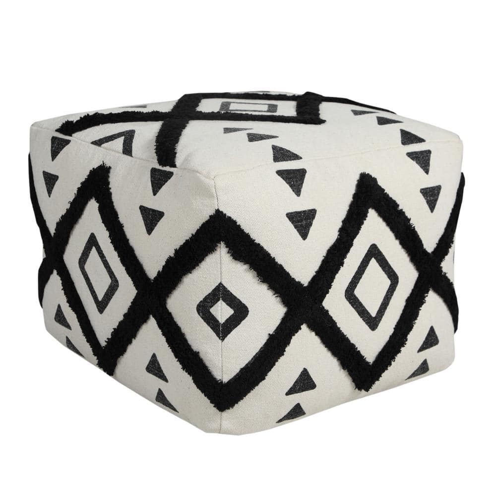 Textured Black / White 18 in. x 18 in. x 14 in. Double Diamond Pouf Ottoman