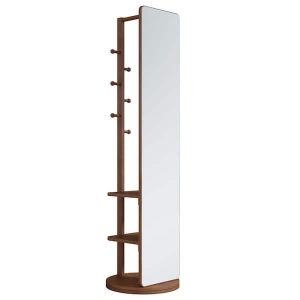 Anky Brown 19.69 in. W x 68.8 in. H Rectangle Wood Framed Full Length Mirror with Coat Hooks and Storage Rack