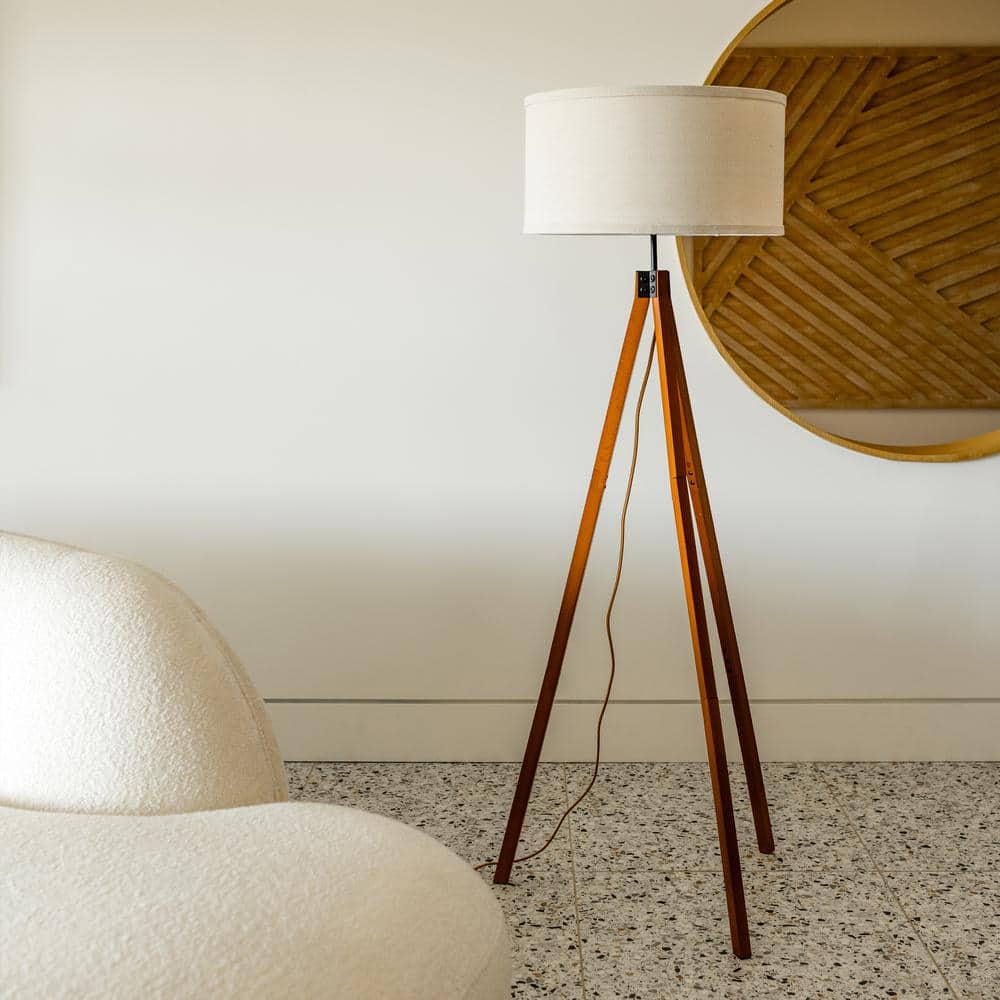Havana Brown Tripod Floor Lamp with Beige Shade