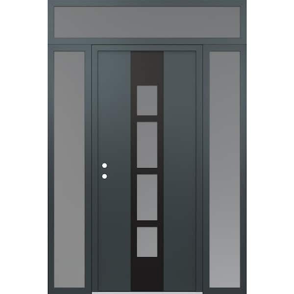 A10 68 in. x 96 in. Black P Right-Hand/Inswing Frosted Glass Anth/Anth 2 Sidelite+Transom Steel Prehung Front Door