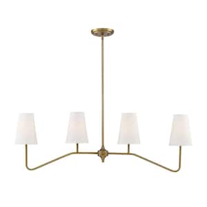 40 in. W x 13 in. H 4-Light Natural Brass Linear Chandelier with White Fabric Shades
