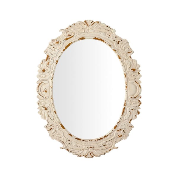 Elevatehome 26 in. W x 34 in. H Ornate Oval Baroque Antique White Finish Framed Art Deco Decorative Wall Mirror