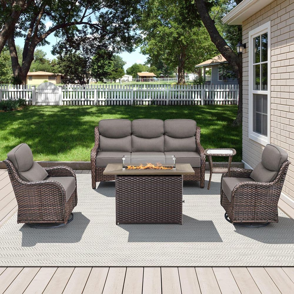 Arcadia Brown 5-Piece Wicker Outdoor Patio Fire Pit Deep Seating Set with 6 in. Thick Gray Cushions price history on PriceWatchPro
