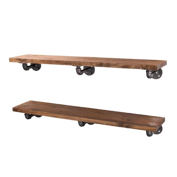 36 in. x 7.5 in. x 6.75 in. Autumn Brown Restore Wood Decorative Wall Shelf with Industrial Steel Pipe L- Brackets