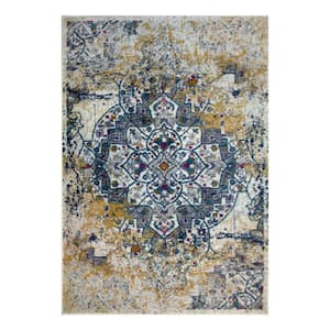 Vienne Vintage Faded Ivory and Navy 5 ft. x 8 ft. Medallion Polypropylene Area Rug