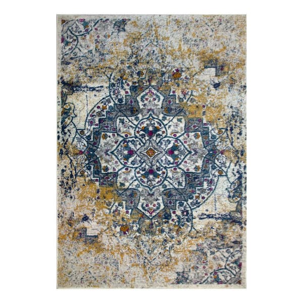 Leick Home Vienne Vintage Faded Ivory and Navy 5 ft. x 8 ft. Medallion Polypropylene Area Rug