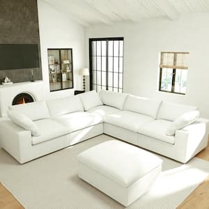 120.45 in. Square Arm 6-Piece Linen L-Shaped Modular Sectional Sofa Corner Cloud Couch in White with Ottoman