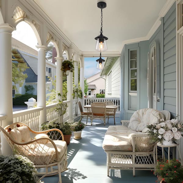 Modern Farmhouse Black Outdoor Pendant Light for Covered Porch Gazebo, 1-Light Hanging light with Seeded Glass Shade