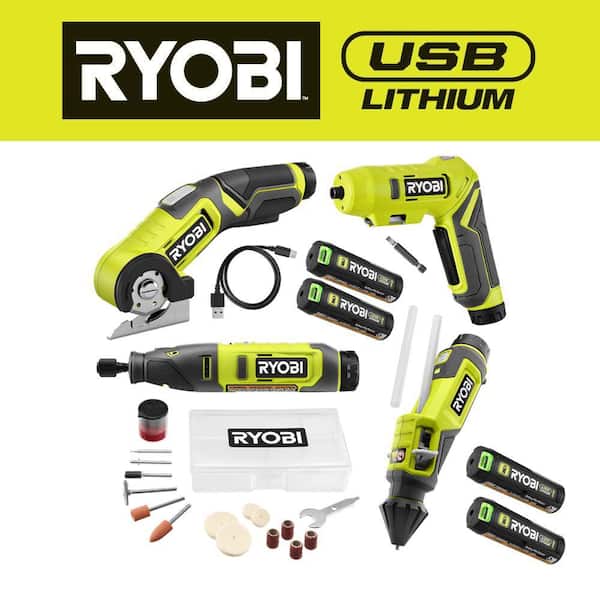 RYOBI USB Lithium 4Tool Combo Kit w/Screwdriver, Glue Pen, Rotary Tool, Power Cutter, Batteries, Charger &(2) 2.0 Ah Batteries