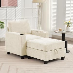 Modern Beige Chenille Storage Accent Armchair with Cup Holder and Ottoman for Living