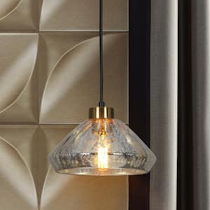 Modern 9.8 in. 1-Light Black and Plated Brass Classic Pendant with Textured Glass Shade Kitchen Island Ceiling Light