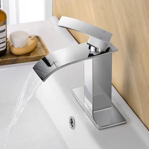 Waterfall Spout 1-Handle Low Arc 1-Hole Bathroom Faucet with Deckplate and Pop-up Drain in Polished Chrome