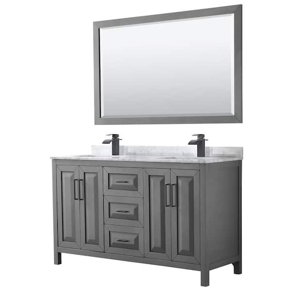 Wyndham Collection Daria 60 in. W x 22 in. D x 35.75 in. H Double Bath Vanity in Dark Gray with White Carrara Marble Top and 58 in. Mirror