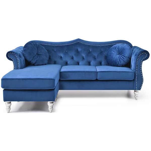 AndMakers Hollywood 81 in. Round Arm Velvet Specialty Tufted L Shaped Sofa in Blue