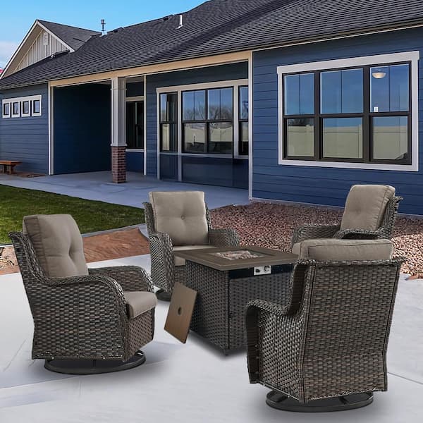 5 Piece Brown Wicker Patio Rocking Chairs for 4 with 30 Inch Gas Propane Fire Pit Table Outdoor Rocking Chair Sets Gray