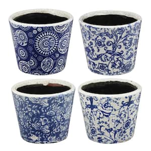 Small Royal Blue and White Terracotta Planters (Set of 4)