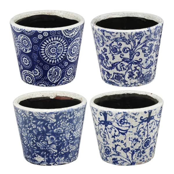 A & B Home Small Royal Blue and White Terracotta Planters (Set of 4)