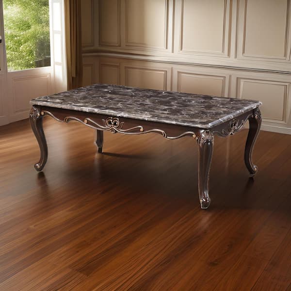 Benjara Cona 54 in. Brown and Gold Rectangle Wood Coffee Table with Supported On Cabriole Legs
