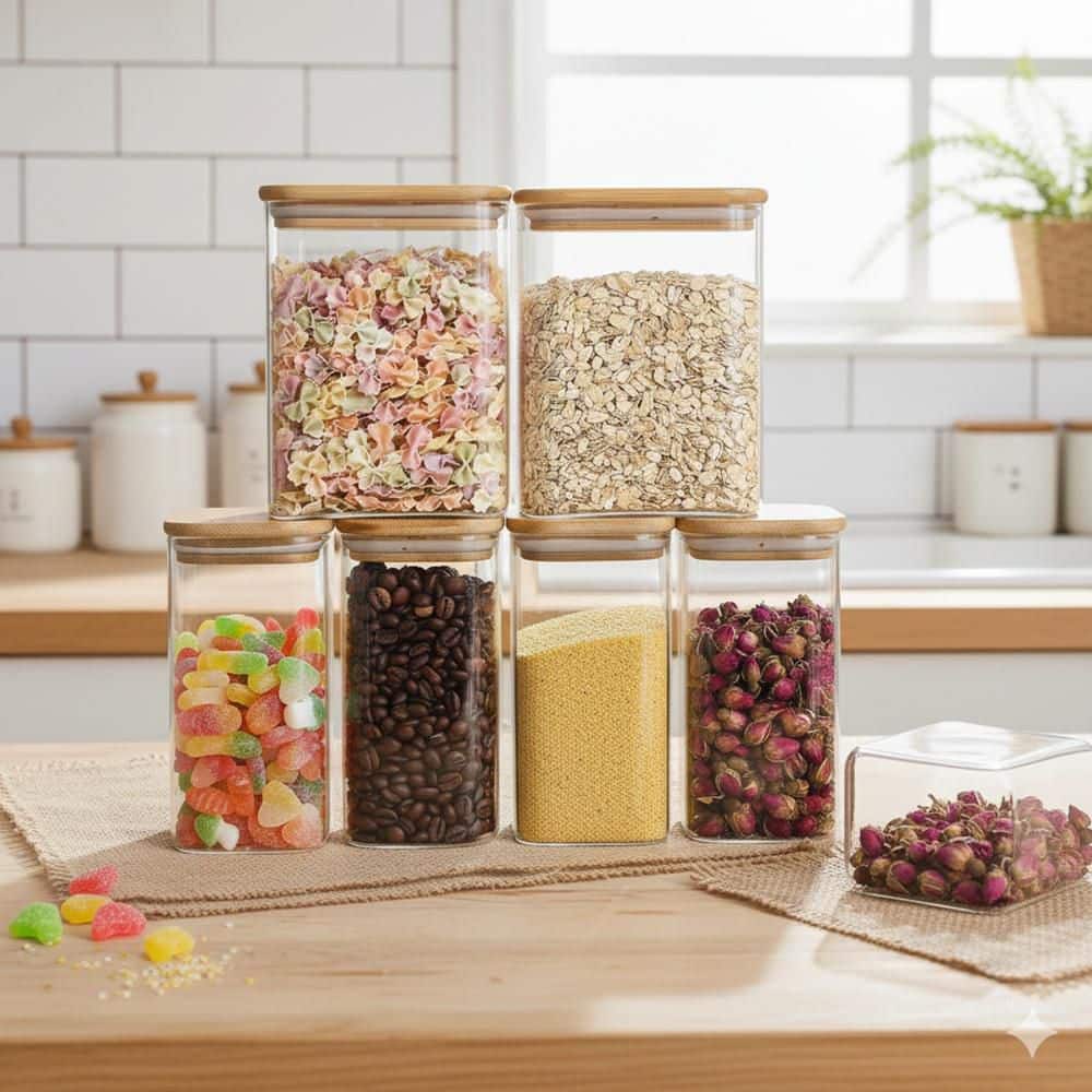 6-Piece Glass Food Storage Jar Set with Airtight Bamboo Lid Square Stackable Canisters for Kitchen Pantry price history on PriceWatchPro