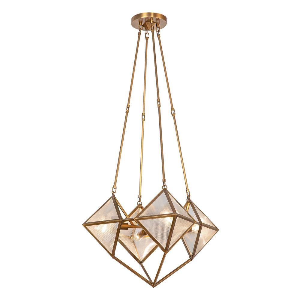 Vintage Brass Geometric 4-Light Chandelier with Ribbed Glass