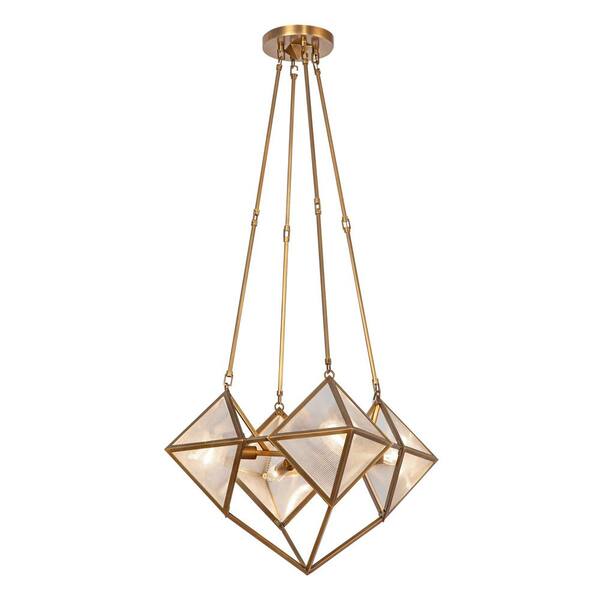 Cairo 21 in. 4-Light 60-Watt Ribbed Glass/Vintage Brass Chandelier